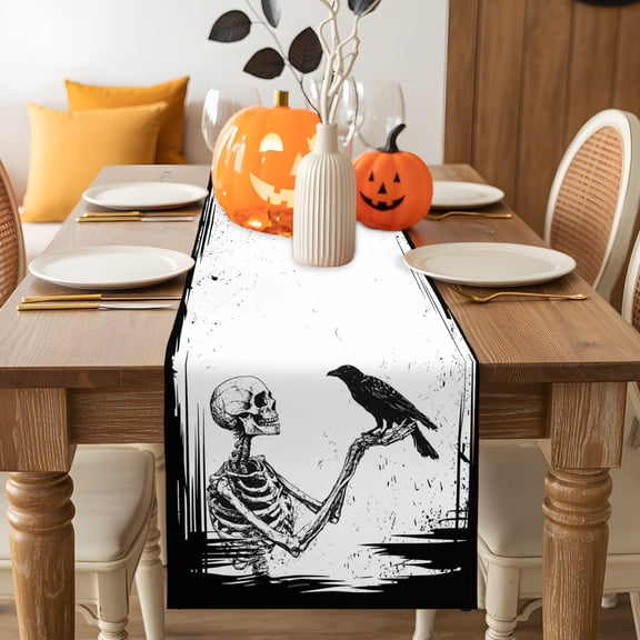 Table Runner 72 Inches Long,Halloween Scary Skeleton Crow Kitchen Dining Table Runners Linen Dresser Scarf,Black and White Washable Tabletop Decoration for Home Holiday Party