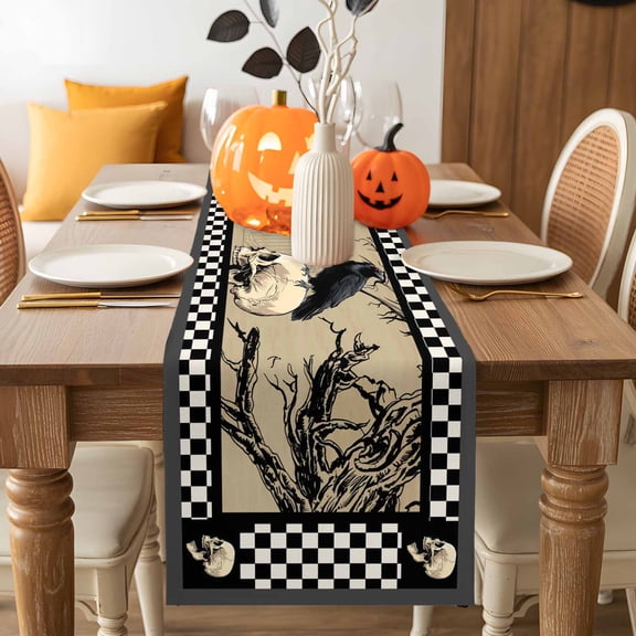 Table Runner 72 Inches Long,Halloween Skeleton Black Crow Gothics Kitchen Dining Table Runners Linen Dresser Scarf,Dead Trees Black Plaid Washable Tabletop Decoration for Home Holiday Party