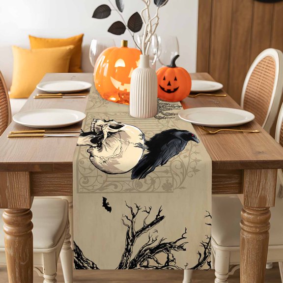 Table Runner 72 Inches Long,Happy Halloween Black Crow Human Skeleton Kitchen Dining Table Runners Linen Dresser Scarf,Dead Tree Scary Bat Washable Tabletop Decoration for Home Holiday Party
