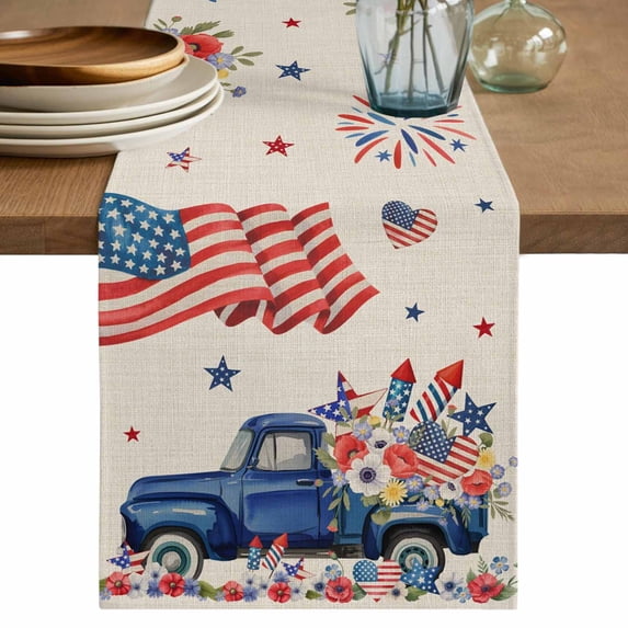 Table Runner 72 Inches Long for Kitchen Dining, 4th of July Dresser Scarf Farmhouse, Dining Table Decorations for Wedding/Parties, Blue Truck American Flag Firework Flowers 13 x 72 In