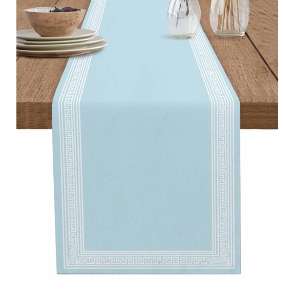 Table Runner 72 Inches Long for Kitchen Dining, Aqua Geometric Dresser Scarf Farmhouse, Dining Table Decorations for Wedding/Parties, White Greek Key Design Abstract Modern Art 18 x 72 In