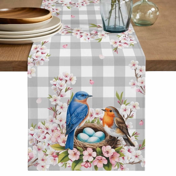 Table Runner 72 Inches Long for Kitchen Dining, Birds Floral Dresser Scarf Farmhouse, Dining Table Decorations for Wedding/Parties, Farmhouse Country Pink Flower Leaf Grey Plaid 13 x 72 In