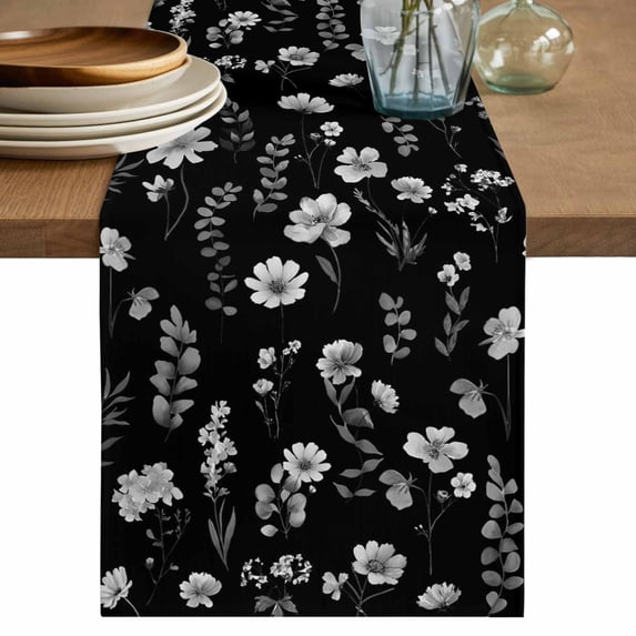 Table Runner 72 Inches Long for Kitchen Dining, Black Spring Floral Dresser Scarf Farmhouse, Dining Table Decorations for Wedding/Parties, Flowers Botanical Elegant Pastoral 18 x 72 In