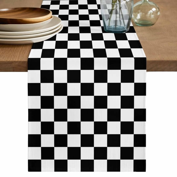 Table Runner 72 Inches Long for Kitchen Dining, Black White Plaid Dresser Scarf Farmhouse, Dining Table Decorations for Wedding/Parties, Farmhouse Modern Minimalist Geometric 14 x 72 In