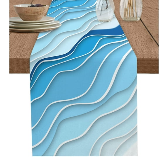 Table Runner 72 Inches Long for Kitchen Dining, Blue Aqua Ombre Dresser Scarf Farmhouse, Dining Table Decorations for Wedding/Parties, Modern Geometric Abstract Aesthetic Cream 14 x 72 In