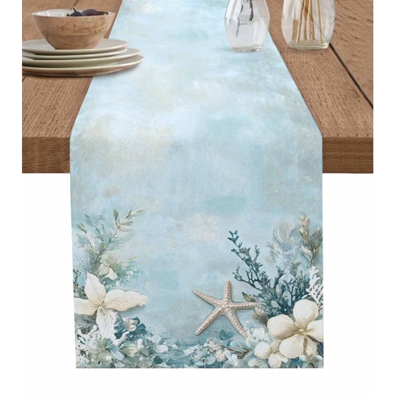 Table Runner 72 Inches Long for Kitchen Dining, Blue Coastal Dresser Scarf Farmhouse, Dining Table Decorations for Wedding/Parties, Beach Nautical Anchor Starfish Botanical 13 x 72 In