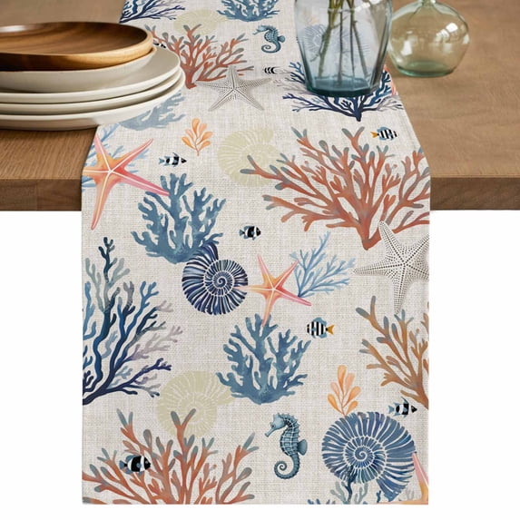 Table Runner 72 Inches Long for Kitchen Dining, Blue Coastal Dresser Scarf Farmhouse, Dining Table Decorations for Wedding/Parties, Summer Beach Coral Shell Starfish Vintage 14 x 72 In