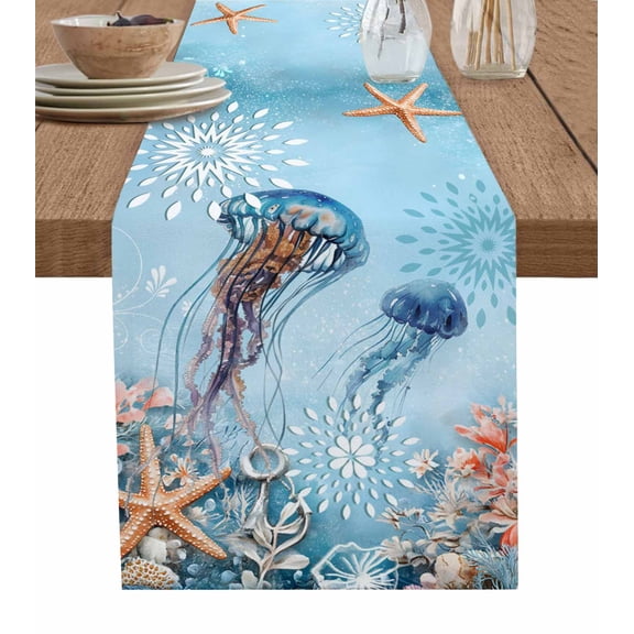 Table Runner 72 Inches Long for Kitchen Dining, Blue Coastal Jellyfish Dresser Scarf Farmhouse, Dining Table Decorations for Wedding/Parties, Summer Beach Starfish Botanical 16 x 72 In
