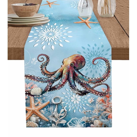 Table Runner 72 Inches Long for Kitchen Dining, Blue Coastal Octopus Dresser Scarf Farmhouse, Dining Table Decorations for Wedding/Parties, Summer Beach Starfish Botanical 18 x 72 In