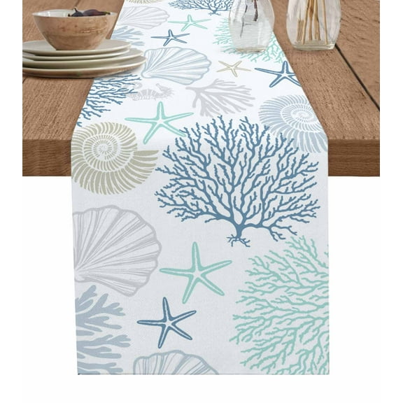 Table Runner 72 Inches Long for Kitchen Dining, Blue Coral Coastal Dresser Scarf Farmhouse, Dining Table Decorations for Wedding/Parties, Summer Beach Shell Conch Ocean 16 x 72 In