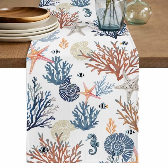Table Runner 72 Inches Long for Kitchen Dining, Blue Coral Coastal Dresser Scarf Farmhouse, Dining Table Decorations for Wedding/Parties, Summer Beach Starfish Nautical 13 x 72 In