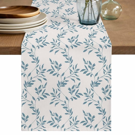 Table Runner 72 Inches Long for Kitchen Dining, Blue Leaves Dresser Scarf Farmhouse, Dining Table Decorations for Wedding/Parties, Modern Minimalist Leaf Botanical Vintage 14 x 72 In