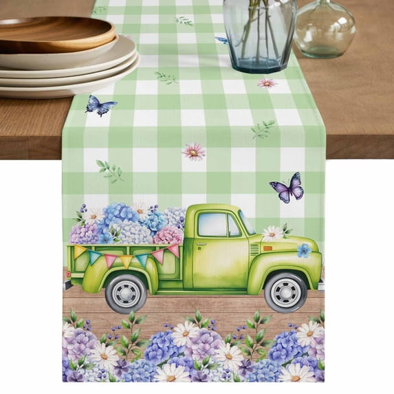 Table Runner 72 Inches Long for Kitchen Dining, Blue Purple Floral Dresser Scarf Farmhouse, Dining Table Decorations for Wedding/Parties, Spring Hydrangea Flower Truck Green Plaid 16 x 72 In