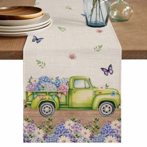 Table Runner 72 Inches Long for Kitchen Dining, Blue Purple Floral Dresser Scarf Farmhouse, Dining Table Decorations for Wedding/Parties, Spring Vintage Hydrangea Flower Truck 16 x 72 In