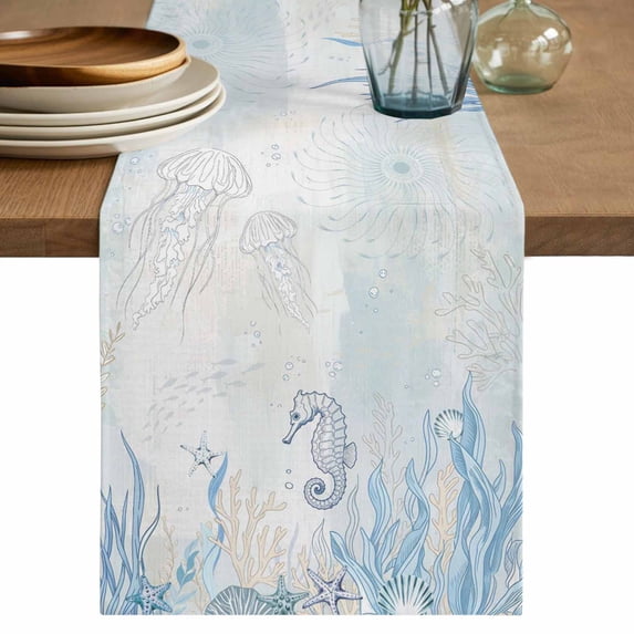 Table Runner 72 Inches Long for Kitchen Dining, Blue Seahorse Coastal Dresser Scarf Farmhouse, Dining Table Decorations for Wedding/Parties, Summer Beach Nautical Ocean Coral 16 x 72 In