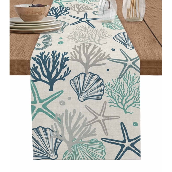 Table Runner 72 Inches Long for Kitchen Dining, Blue Teal Coastal Dresser Scarf Farmhouse, Dining Table Decorations for Wedding/Parties, Summer Beach Starfish Coral Nautical Rustic 18 x 72 In