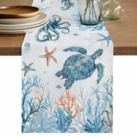 Table Runner 72 Inches Long for Kitchen Dining, Blue Turtle Coastal Dresser Scarf Farmhouse, Dining Table Decorations for Wedding/Parties, Octopus Summer Beach Coral Seahorse 18 x 72 In