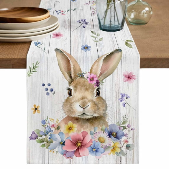 Table Runner 72 Inches Long for Kitchen Dining, Bunny Easter Dresser Scarf Farmhouse, Dining Table Decorations for Wedding/Parties, Spring Floral Pastoral Wooden 18 x 72 In