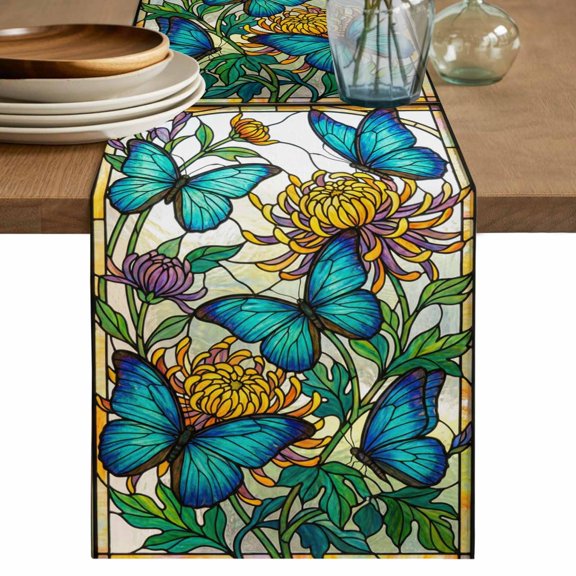 Table Runner 72 Inches Long for Kitchen Dining, Butterflies Flowers Dresser Scarf Farmhouse, Dining Table Decorations for Wedding/Parties, Vintage Watercolor Animal Floral Plant 18 x 72 In