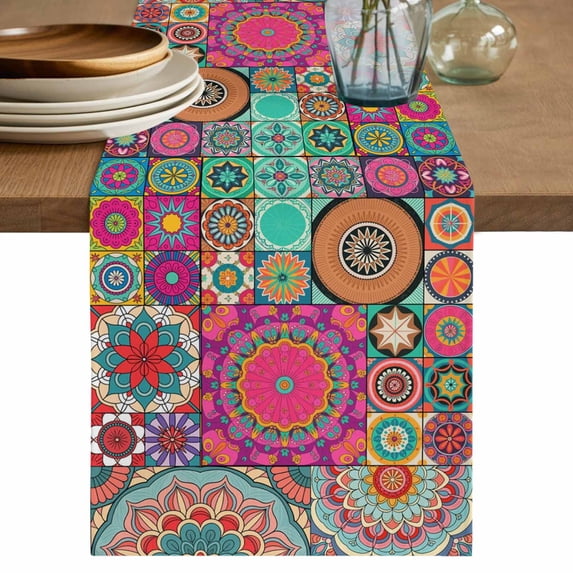 Table Runner 72 Inches Long for Kitchen Dining, Colorful Ethnic Dresser Scarf Farmhouse, Dining Table Decorations for Wedding/Parties, National Modern Geometric Red Green 13 x 72 In