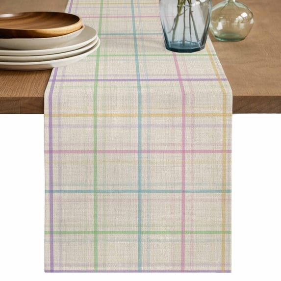 Table Runner 72 Inches Long for Kitchen Dining, Colorful Geometric Plaid Dresser Scarf Farmhouse, Dining Table Decorations for Wedding/Parties, Simple Vintage Grid Beige 16 x 72 In