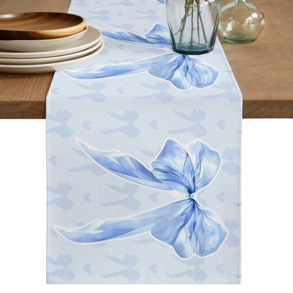 Table Runner 72 Inches Long for Kitchen Dining, Cute Bow Dresser Scarf Farmhouse, Dining Table Decorations for Wedding/Parties, Blue Bowknot Minimalist Solid Color 14 x 72 In