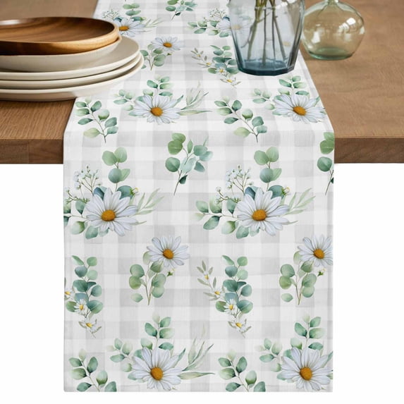 Table Runner 72 Inches Long for Kitchen Dining, Daisy Dresser Scarf Farmhouse, Dining Table Decorations for Wedding/Parties, Spring Eucalyptus Leaves Flowers Botanical Gray Plaid 18 x 72 In