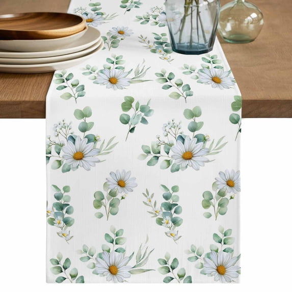 Table Runner 72 Inches Long for Kitchen Dining, Daisy Dresser Scarf Farmhouse, Dining Table Decorations for Wedding/Parties, Spring Eucalyptus Leaves Flowers Botanical Country 16 x 72 In