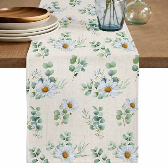 Table Runner 72 Inches Long for Kitchen Dining, Daisy Dresser Scarf Farmhouse, Dining Table Decorations for Wedding/Parties, Spring Flowers Eucalyptus Leaves Botanical Beige 16 x 72 In