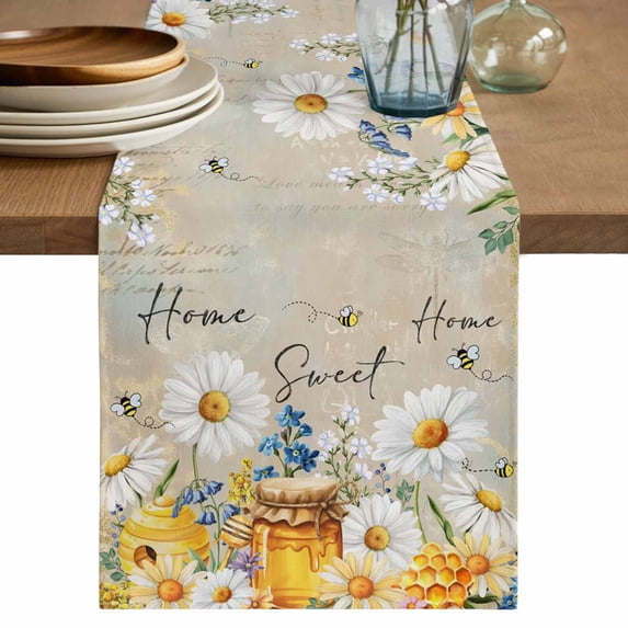 Table Runner 72 Inches Long for Kitchen Dining, Daisy Spring Floral Dresser Scarf Farmhouse, Dining Table Decorations for Wedding/Parties, Farmhouse Botanical Bees Elegant 18 x 72 In