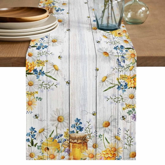 Table Runner 72 Inches Long for Kitchen Dining, Daisy Spring Floral Dresser Scarf Farmhouse, Dining Table Decorations for Wedding/Parties, Farmhouse Botanical Green Leaves Wooden 18 x 72 In