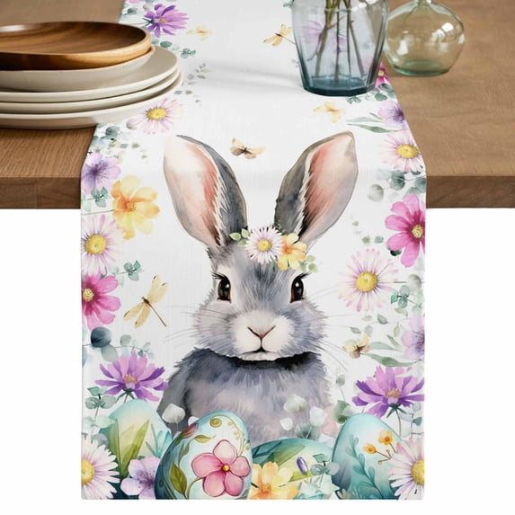 Table Runner 72 Inches Long for Kitchen Dining, Easter Bunny Dresser Scarf Farmhouse, Dining Table Decorations for Wedding/Parties, Spring Watercolor Eggs Country Flower Leaf 13 x 72 In