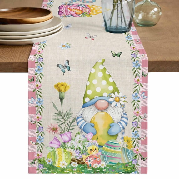 Table Runner 72 Inches Long for Kitchen Dining, Easter Dresser Scarf Farmhouse, Dining Table Decorations for Wedding/Parties, Country Gnomes Duck Floral Eggs Pink Buffalo Check 13 x 72 In