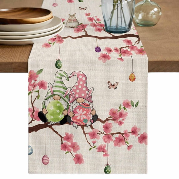 Table Runner 72 Inches Long for Kitchen Dining, Easter Dresser Scarf Farmhouse, Dining Table Decorations for Wedding/Parties, Country Spring Gnomes Flowers Colorful Eggs Retro 18 x 72 In
