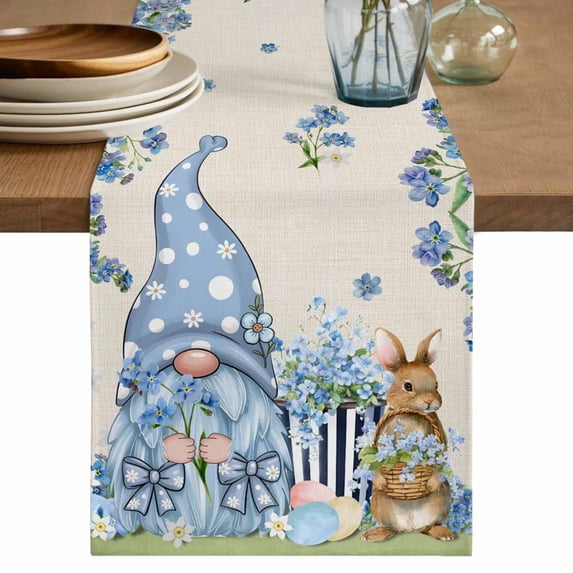 Table Runner 72 Inches Long for Kitchen Dining, Easter Dresser Scarf Farmhouse, Dining Table Decorations for Wedding/Parties, Farmhouse Retro Spring Rabbits Gnomes Blue Flowers 13 x 72 In