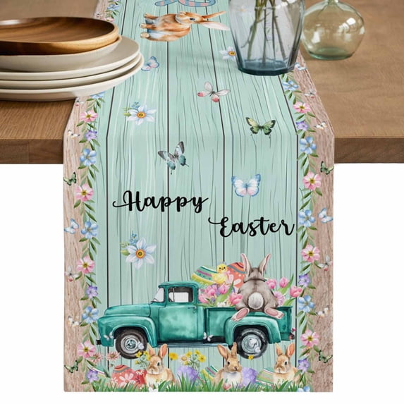 Table Runner 72 Inches Long for Kitchen Dining, Easter Dresser Scarf Farmhouse, Dining Table Decorations for Wedding/Parties, Green Truck Rabbit Duck Butterfly Floral Wooden 14 x 72 In