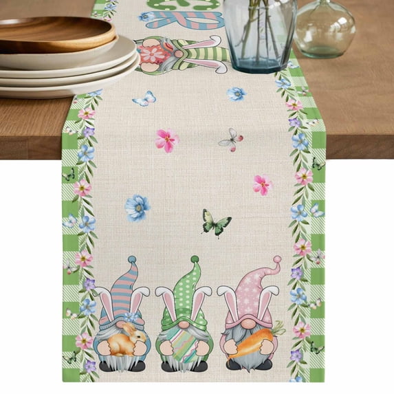 Table Runner 72 Inches Long for Kitchen Dining, Easter Dresser Scarf Farmhouse, Dining Table Decorations for Wedding/Parties, Retro Farmhouse Gnomes Flowers Rabbit Eggs Plaid 18 x 72 In