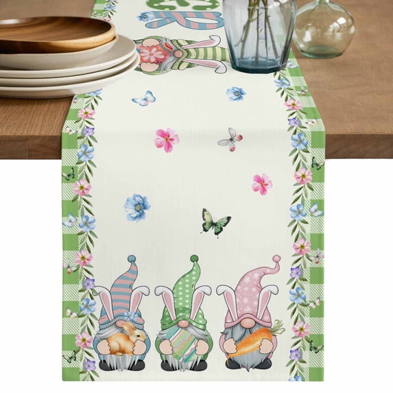 Table Runner 72 Inches Long for Kitchen Dining, Easter Dresser Scarf Farmhouse, Dining Table Decorations for Wedding/Parties, Spring Gnomes Floral Bunny Eggs Green Lattice 16 x 72 In