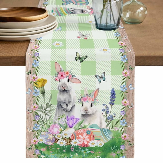 Table Runner 72 Inches Long for Kitchen Dining, Easter Dresser Scarf Farmhouse, Dining Table Decorations for Wedding/Parties, Spring Rabbit Botanical Flowers Eggs Plaid 13 x 72 In