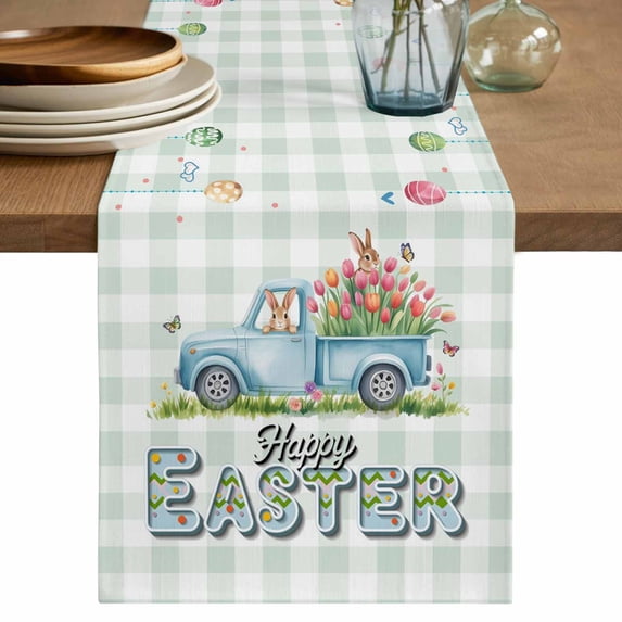 Table Runner 72 Inches Long for Kitchen Dining, Easter Eggs Dresser Scarf Farmhouse, Dining Table Decorations for Wedding/Parties, Tulip Green Plaid Spring Bunny Butterfly Flower 13 x 72 In