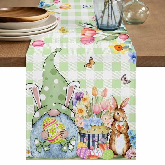 Table Runner 72 Inches Long for Kitchen Dining, Easter Gnomes Dresser Scarf Farmhouse, Dining Table Decorations for Wedding/Parties, Spring Watercolor Bunny Tulip Green Plaid 16 x 72 In