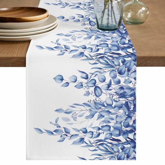 Table Runner 72 Inches Long for Kitchen Dining, Eucalyptus Leaves Dresser Scarf Farmhouse, Dining Table Decorations for Wedding/Parties, Navy Blue Summer Botanical Weeping 13 x 72 In