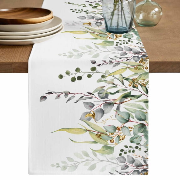 Table Runner 72 Inches Long for Kitchen Dining, Eucalyptus Leaves Dresser Scarf Farmhouse, Dining Table Decorations for Wedding/Parties, Summer Botanical Green Watercolor 16 x 72 In