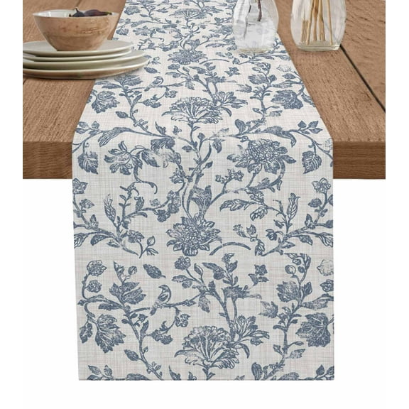 Table Runner 72 Inches Long for Kitchen Dining, Farmhouse Blue Floral Dresser Scarf Farmhouse, Dining Table Decorations for Wedding/Parties, Vintage Botanical Leaves Burlap 13 x 72 In