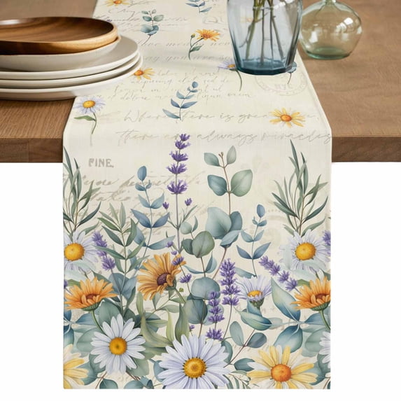 Table Runner 72 Inches Long for Kitchen Dining, Floral Eucalyptus Leaves Dresser Scarf Farmhouse, Dining Table Decorations for Wedding/Parties, Daisy Summer Botanical Pastoral 14 x 72 In