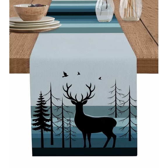 Table Runner 72 Inches Long for Kitchen Dining, Forest Elk Dresser Scarf Farmhouse, Dining Table Decorations for Wedding/Parties, Retro Blue Ombre Stripes Tree Birds Animal 16 x 72 In