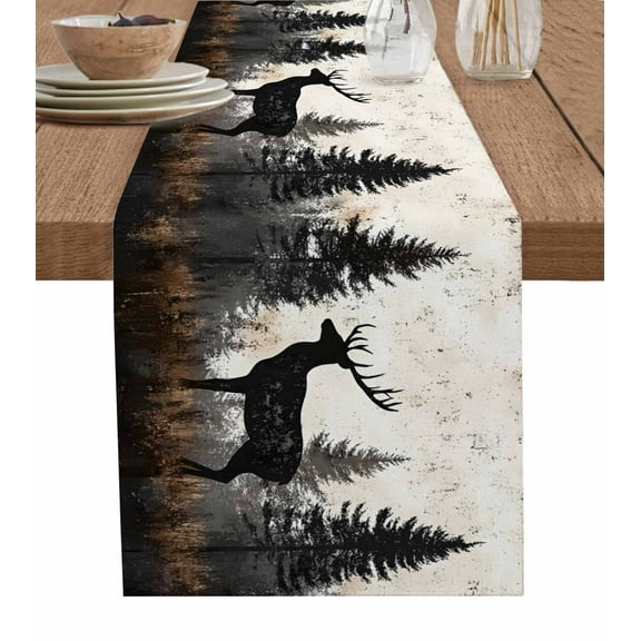 Table Runner 72 Inches Long for Kitchen Dining, Forest Elk Dresser Scarf Farmhouse, Dining Table Decorations for Wedding/Parties, Rustic Nature Tree Retro Deer Silhouette 13 x 72 In