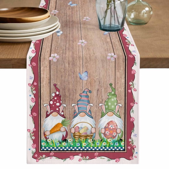 Table Runner 72 Inches Long for Kitchen Dining, Gnomes Easter Dresser Scarf Farmhouse, Dining Table Decorations for Wedding/Parties, Eggs Tulips Spring Floral Retro Art Wooden 14 x 72 In