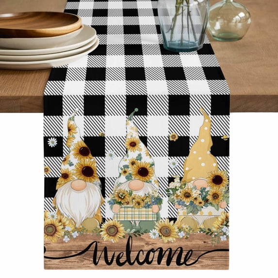 Table Runner 72 Inches Long for Kitchen Dining, Gnomes Sunflowers Dresser Scarf Farmhouse, Dining Table Decorations for Wedding/Parties, Pastoral Botanical Black White Plaid Wooden 13 x 72 In