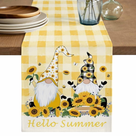 Table Runner 72 Inches Long for Kitchen Dining, Gnomes Sunflowers Dresser Scarf Farmhouse, Dining Table Decorations for Wedding/Parties, Pastoral Botanical Yellow Plaid 14 x 72 In